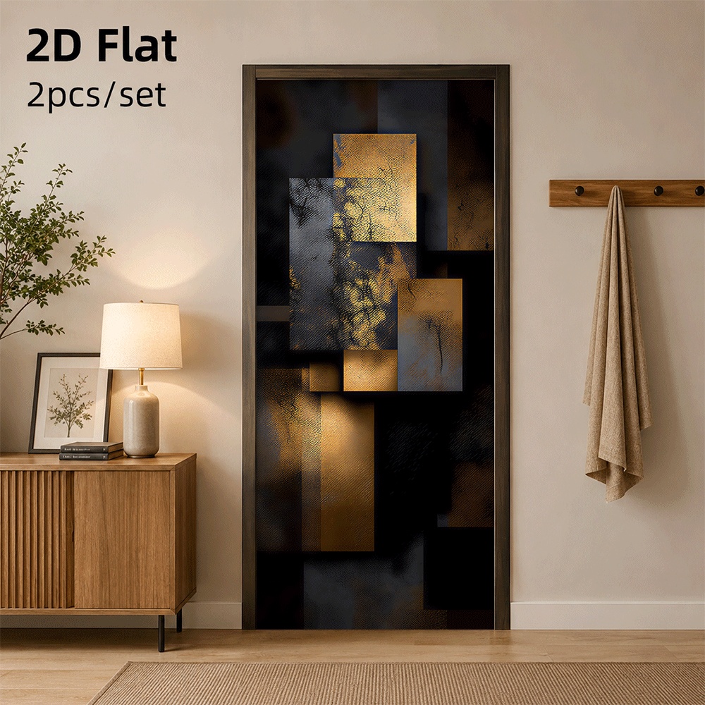 Home Decor Minimalist Style - 1枚の抽象芸術的なドアステッカー。モダンなミニマリストスタイルと黒と金のカラースケーマで、家の装飾に適しています。2Dフラットです。