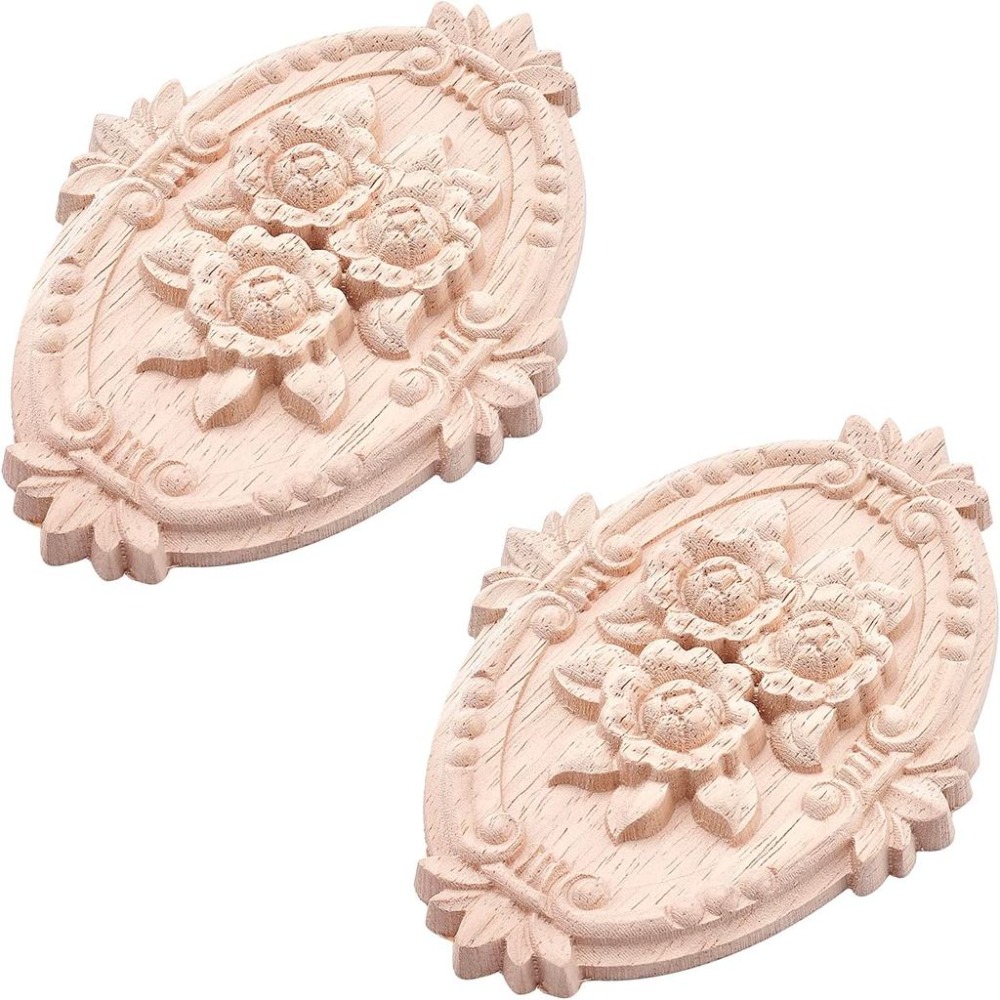 Home Decor Center - 2個入り木製彫刻装飾板オーバル型彫刻デカールセンタークラフト未塗装家具ホームデコレーション木彫りデカール