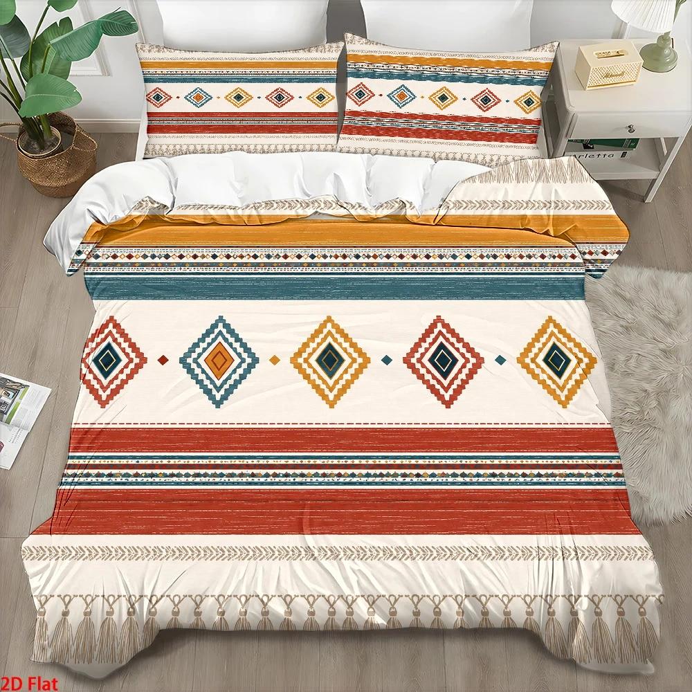 Home Decor Minimalist Style - 3ピースエスニックスタイルプリント布団カバーセット、3ピース寝具セット（1*布団カバー+2*枕カバー）、肌に優しい通気性のあるポリエステル織り寝具、ジッパー付きダブルベッド寝具、柔らかく快適なオールシーズン対応ベッドスプレッド、お手入れ簡単、耐久性があり、しわになりにくい、洗濯機で洗える、居心地の良いホームベッドルーム装飾セット、学生寮のマスターベッドルームに最適、モダンミニマリストライトラグジュアリースタイル寝具、北欧スタイル大型ベッドカバーセット2Dフラットプリント