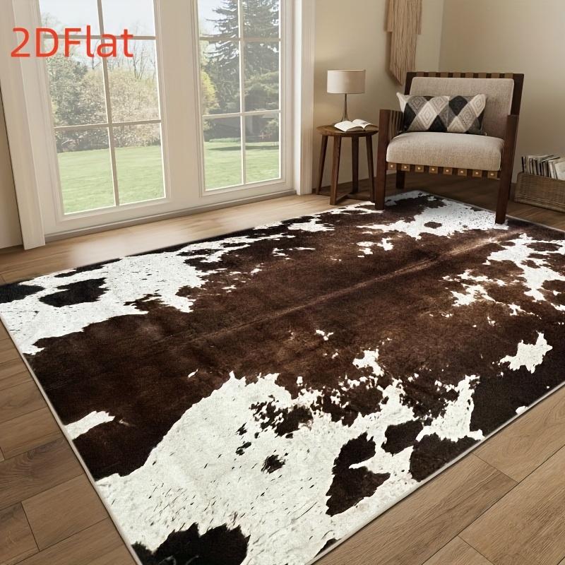 Cowhide Rug Faux - 2Dフラットカウハイドプリントフランネルエリアラグ滑り止めフェイクレザーテクスチャカーペット、リビングルーム、寝室、ランチスタイルの床装飾、素朴な装飾に最適