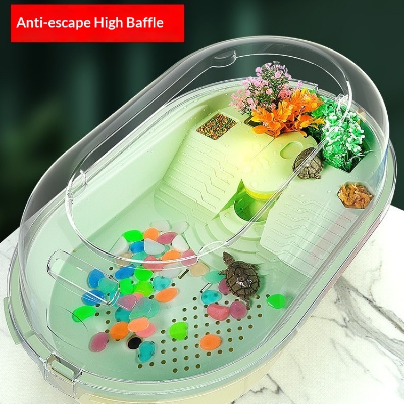 Home Decor Habitat - カメ水槽タンク魚ペット生息地日光浴プラットフォームスローププラスチック透明蓋簡単清掃家庭用水槽装飾フィッシュタンク