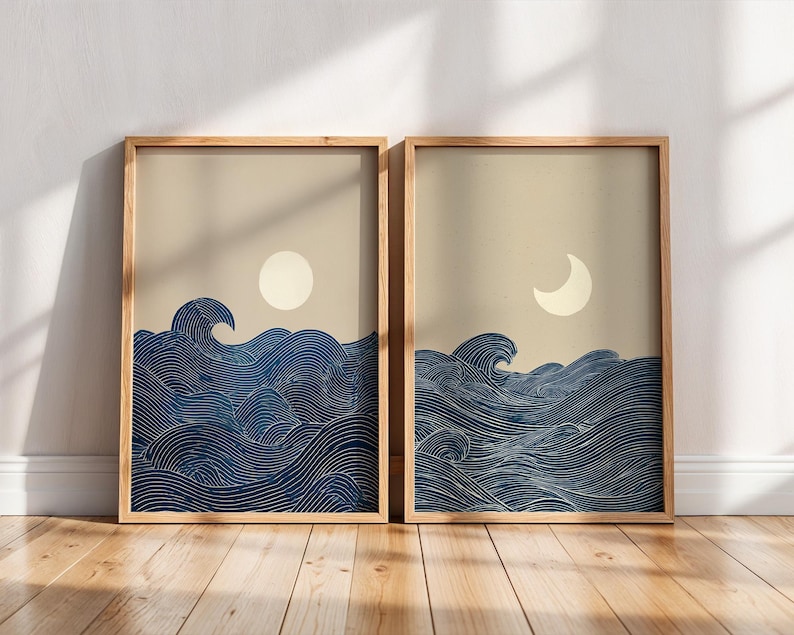 Home Decor Minimalist Style - 2枚セット ジャパンディ ミニマリスト ムーンクレセント キャンバス ウォールアート