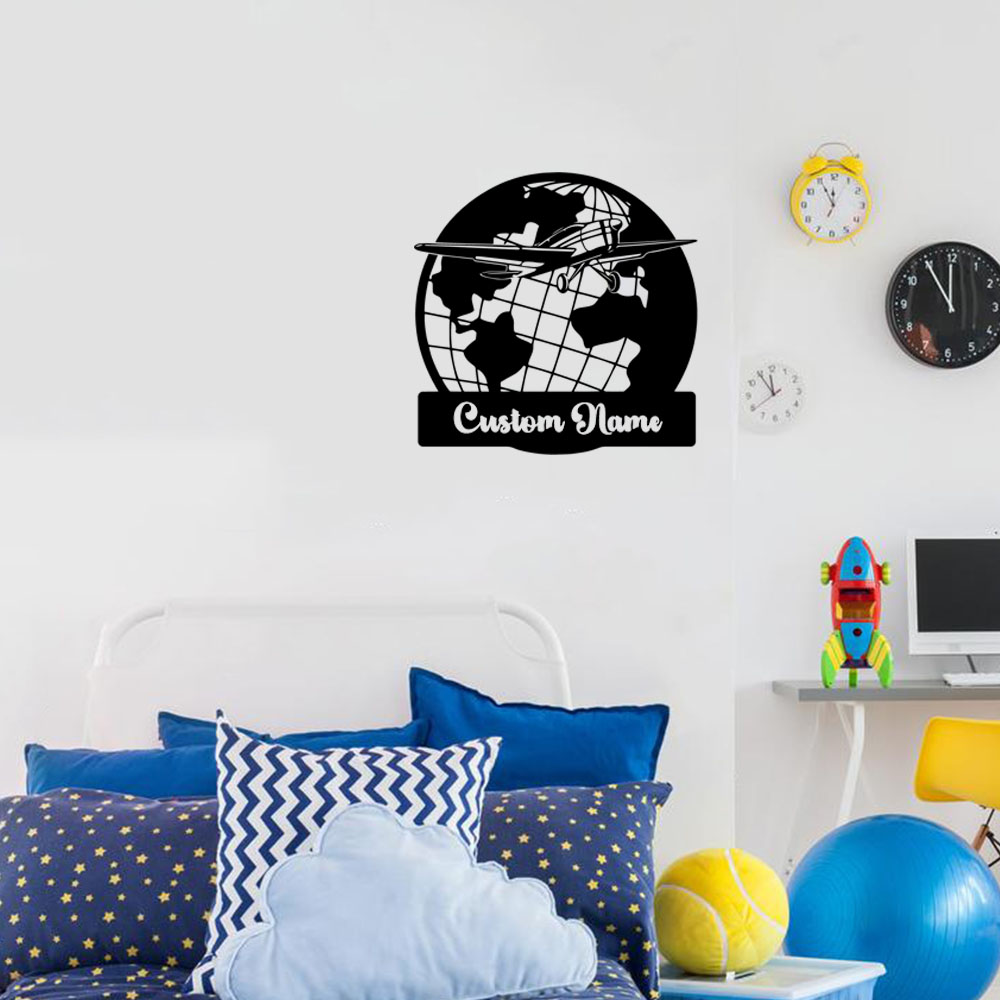 Home Decor Wall Tiles - 1PC かわいい地球飛行機カスタマイズされた名前名前ウォールステッカービニールアート家の装飾友人へのギフトウォールアート壁画