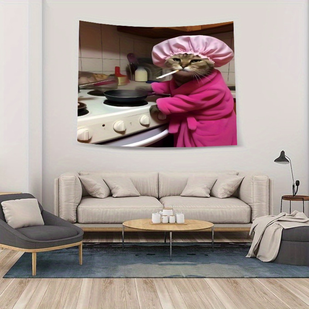 猫シェフピンクローブ壁掛けタペストリー面白いキッチン装飾アー - Home Decor Minimalist Style のレビューと価格