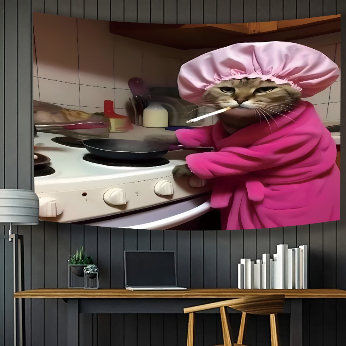 猫シェフピンクローブ壁掛けタペストリー面白いキッチン装飾アー - Home Decor Minimalist Style のレビューと価格