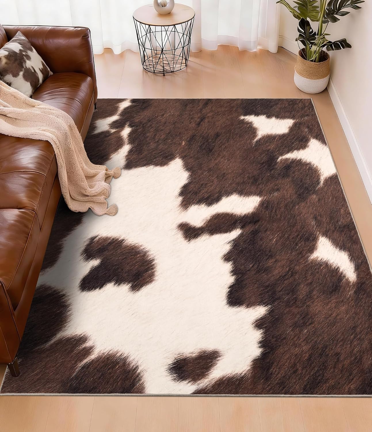 ブラウンのフェイクカウハイドエリアラグ、柔らかい低パイルの洗 - Cowhide Rug Faux のレビューと価格