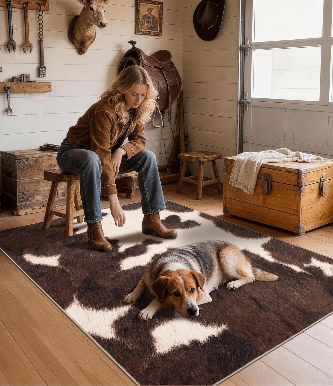 ブラウンのフェイクカウハイドエリアラグ、柔らかい低パイルの洗 - Cowhide Rug Faux のレビューと価格